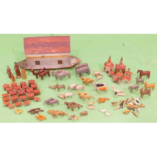 759 - A Painted Wooden Noah's Ark, 31cm long, also a quantity of various animals and wooden miniature buil... 