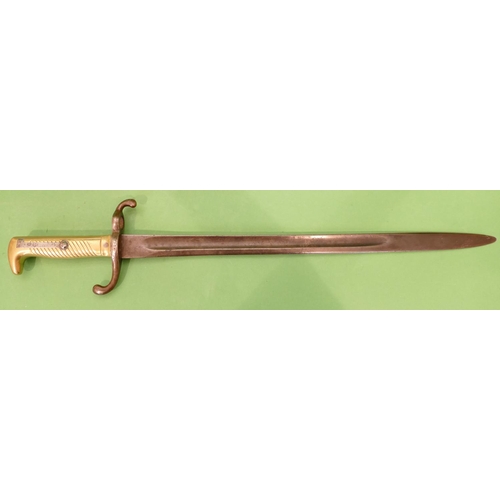 768 - A Prussian Bayonet stamped Weyersberg & Stamm, Solingen, having steel scroll cross guard, indistinct... 