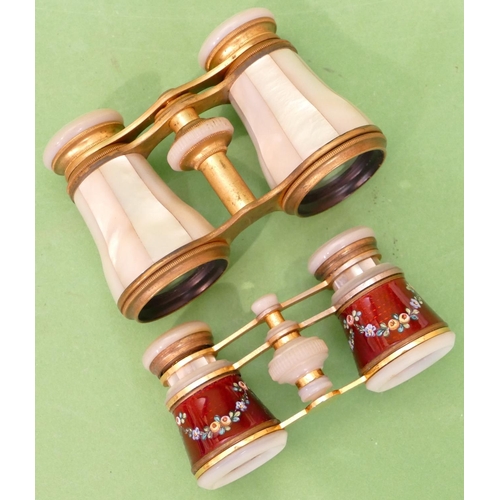 797 - A Pair of Carpentier, Paris Gilt Metal Mother of Pearl and Red Enamelled Opera Glasses having multic... 