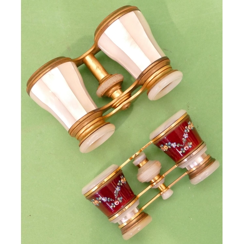 797 - A Pair of Carpentier, Paris Gilt Metal Mother of Pearl and Red Enamelled Opera Glasses having multic... 