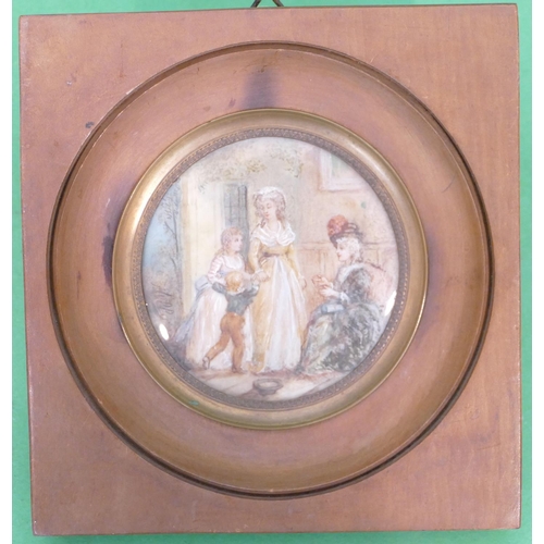 803 - A Circular Miniature depicting seated lady greeting 2 children, in pear wood frame, 7cm diameter.