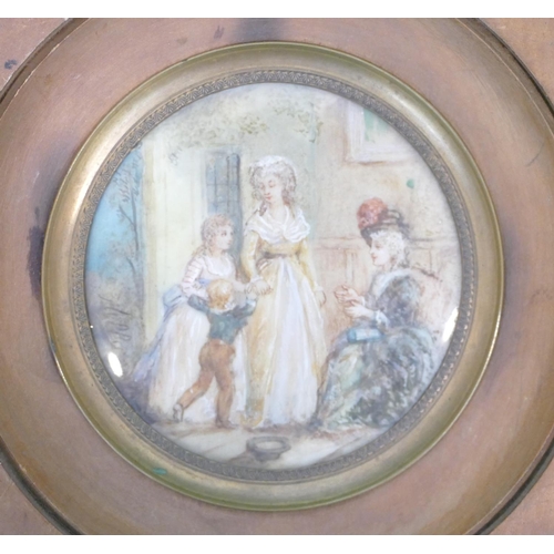 803 - A Circular Miniature depicting seated lady greeting 2 children, in pear wood frame, 7cm diameter.