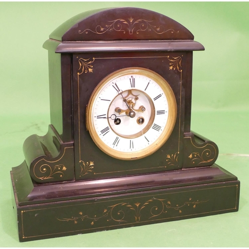 816 - A Black Slate 8 Day Striking Visible Movement Mantle Clock having white enamel dial with Roman numer... 