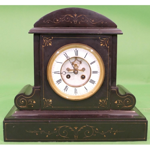 816 - A Black Slate 8 Day Striking Visible Movement Mantle Clock having white enamel dial with Roman numer... 