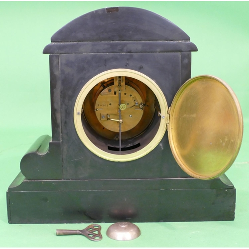 816 - A Black Slate 8 Day Striking Visible Movement Mantle Clock having white enamel dial with Roman numer... 