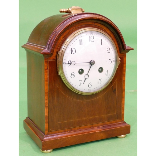 821 - F Marti, Edwardian Mahogany 8 Day Striking Mantle Clock having inlaid banding and stringing, circula... 