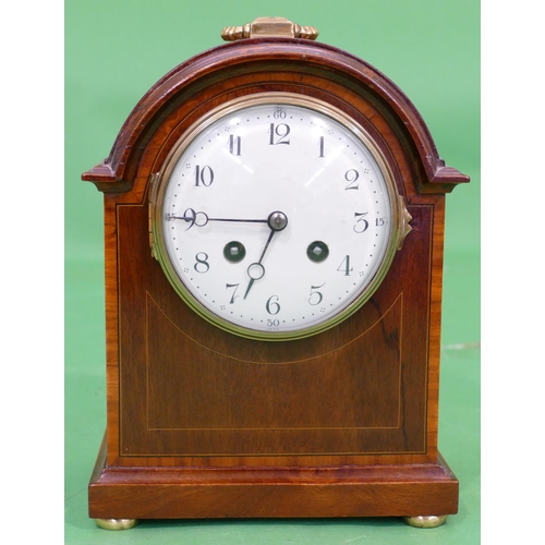 821 - F Marti, Edwardian Mahogany 8 Day Striking Mantle Clock having inlaid banding and stringing, circula... 