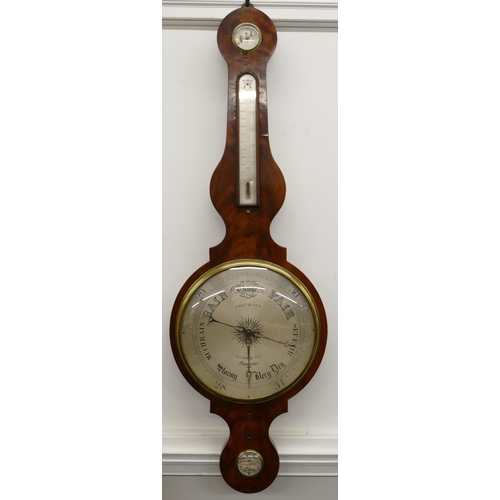 823 - Thomas Agnew, Manchester 19th Century Mahogany Banjo Barometer (thermometer missing) silvered dials,... 