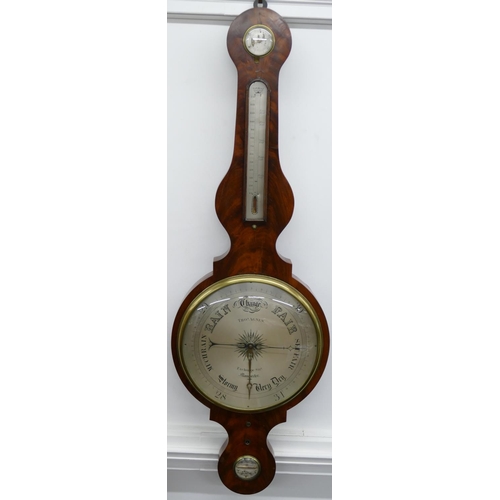 823 - Thomas Agnew, Manchester 19th Century Mahogany Banjo Barometer (thermometer missing) silvered dials,... 