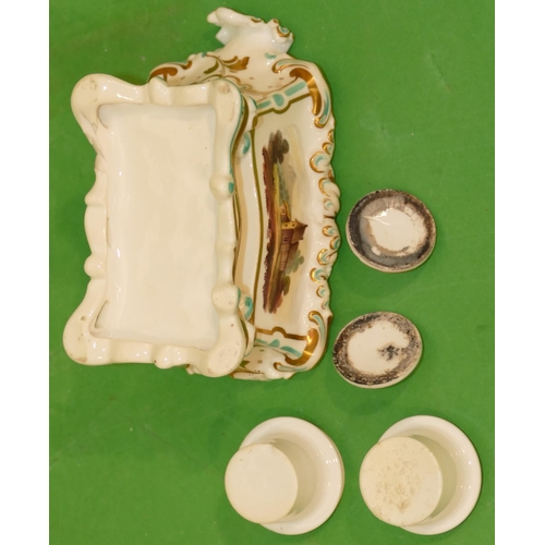 87 - A 19th Century Porcelain Rectangular Scallop Shaped Inkwell having 2 lidded pots with hand painted, ... 