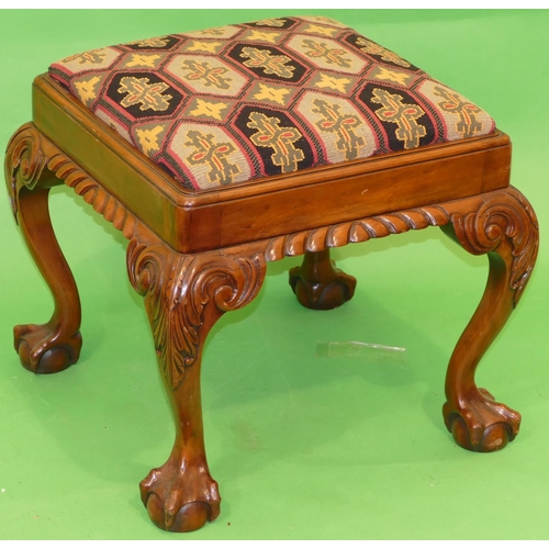 872 - A Good Quality 20th Century Mahogany Square Stool having needlework, drop in seat, carved frieze on ... 