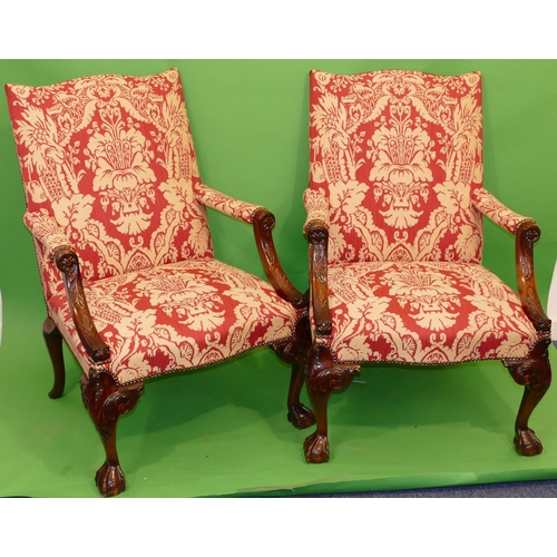 874 - A Pair Good Quality 20th Century Mahogany Library Chairs having red and cream overstuffed seats, bac... 