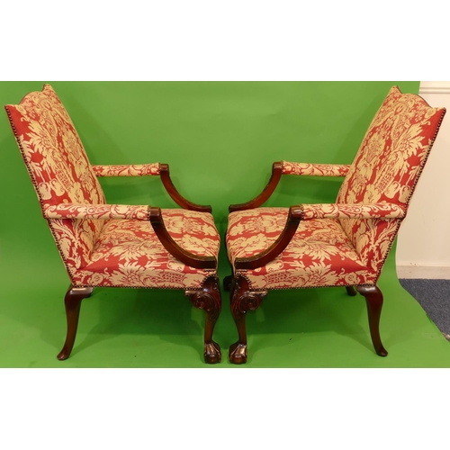 874 - A Pair Good Quality 20th Century Mahogany Library Chairs having red and cream overstuffed seats, bac... 