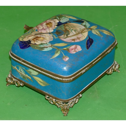 88 - A Continental Porcelain Rectangular Shaped Trinket Box having gilt metal mounts, on blue ground with... 