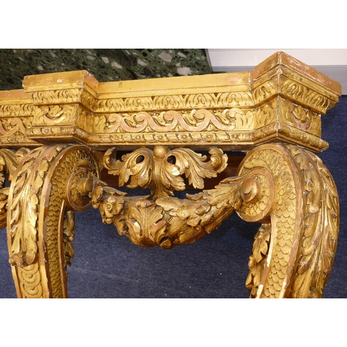 881 - An 18th Century & Later Carved Gilt Wood Console Table having green speckled marble top, carved frie... 