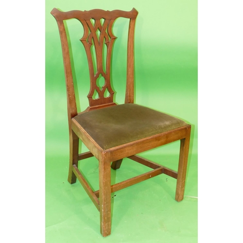 882 - A Mahogany Chippendale Style Single Chair having pierced splat back, green velvet drop in seat on sq... 