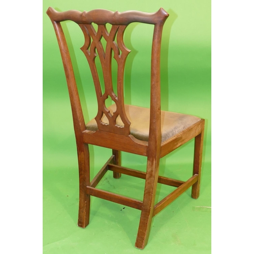 882 - A Mahogany Chippendale Style Single Chair having pierced splat back, green velvet drop in seat on sq... 