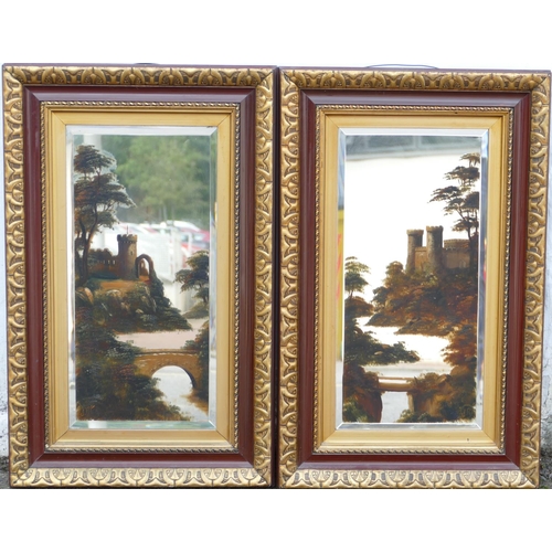 896 - A Pair of Mahogany and Gilt Hanging Bevelled Wall Mirrors with painted mirrors depicting castles on ... 