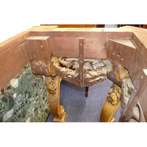 881 - An 18th Century & Later Carved Gilt Wood Console Table having green speckled marble top, carved frie... 