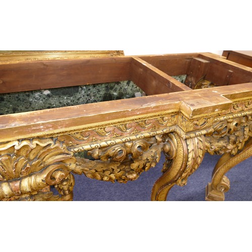 881 - An 18th Century & Later Carved Gilt Wood Console Table having green speckled marble top, carved frie... 