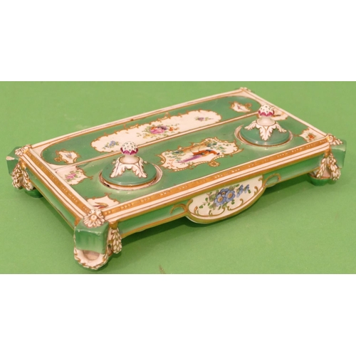 15 - A Booths Silicone China Rectangular Shaped Inkstand with pair of lidded inkwells, on green ground wi... 