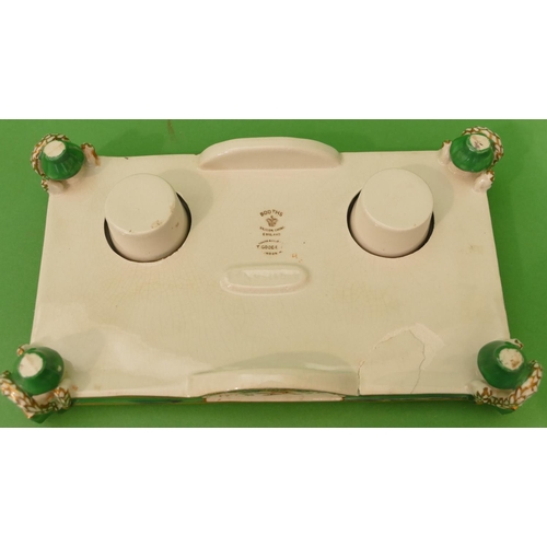 15 - A Booths Silicone China Rectangular Shaped Inkstand with pair of lidded inkwells, on green ground wi... 