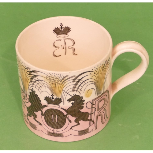 158 - Eric Ravilious, Wedgwood Commemorative Coronation of Queen Elizabeth II Mug on white, pink and yello... 