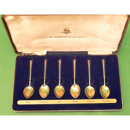 429 - A Set of 6 Birmingham Mint Silver Gilt and Enamelled Teaspoons depicting rows aster sweet pea etc, i... 