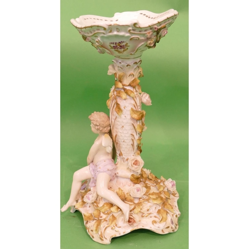 43 - A Continental China Oval Comport having raised cupid motif with all over encrusted floral and leaf d... 