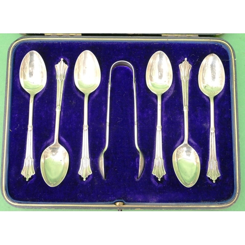 430 - A Set of 6 Sheffield Silver Teaspoons and pair of matching sugar tongs, in fitted black leather case... 