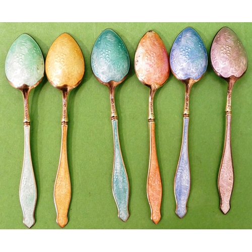 431 - A Set of 6 x 925 Silver Gilt and Various Coloured Enamelled Coffee Spoons, in fitted leather case.