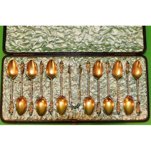 432 - A Set of 12 Victorian Birmingham Silver Gilt Apostle Teaspoons, with pair of matching sugar tongs, i... 