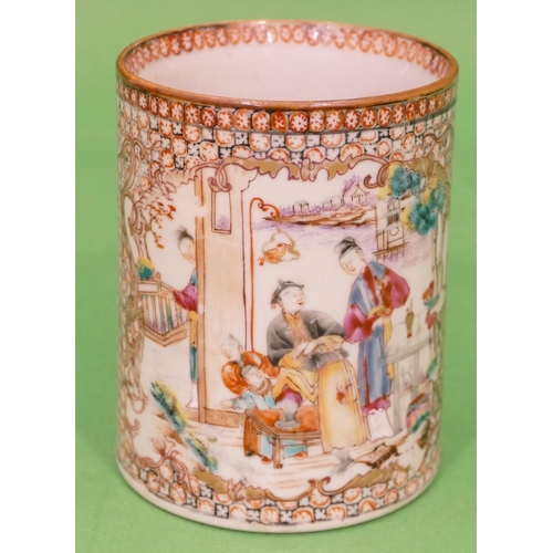 53 - An 18/19th Century Cantonese tankard having multicoloured figure, landscape, floral, leaf and gilt d... 