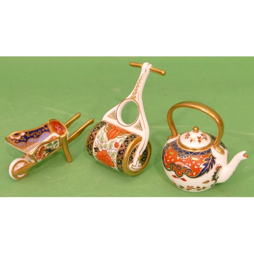 77 - A Royal Crown Derby Miniature Garden Roller on Imari Pattern ground, 9.5cm high, a Royal Crown Derby... 