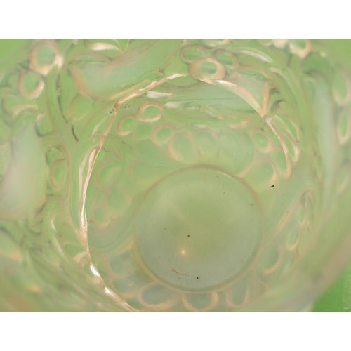 81 - R Lalique, Glass Round Trumpet Shaped Vase, number 986, having raised bird, berry and branch decorat... 