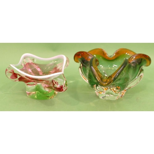 124 - A Triangular Glass Scallop Shaped Ashtray on green and olive ground, 19cm wide, also another similar... 