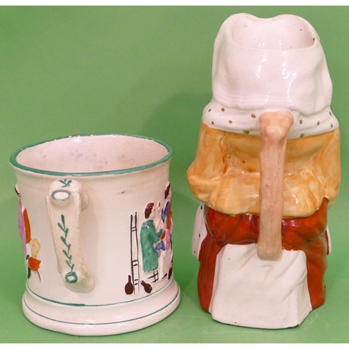 100 - A 19th Century Toby Jug in form of a seated lady, 24.5cm high, also a 19th century frog mug, having ... 