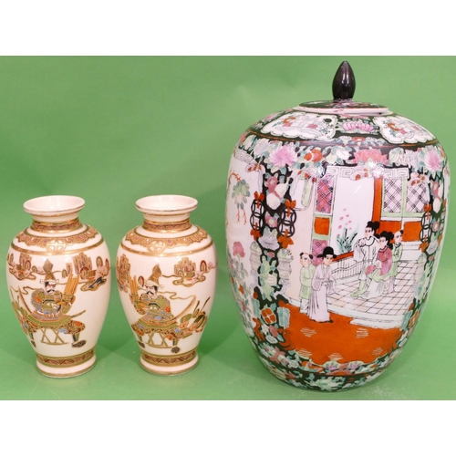 108 - A Pair of Satsuma Round Bulbous Thin Necked Vases on cream ground with multicoloured and gilt warrio... 