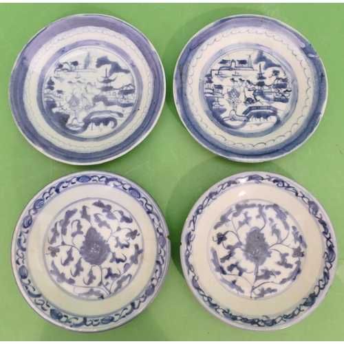 117 - 2 x Early Oriental Small Round Dishes on blue and white ground having building and river landscape d... 