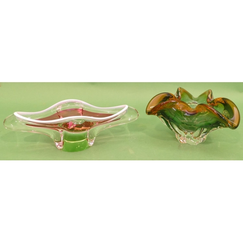 124 - A Triangular Glass Scallop Shaped Ashtray on green and olive ground, 19cm wide, also another similar... 