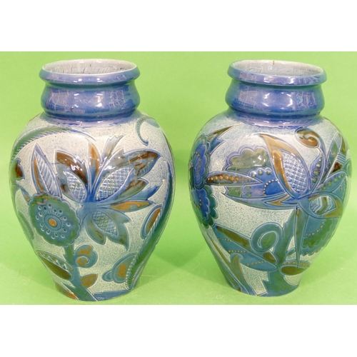 126 - A Pair of CH Barannam Barum, Glazed Pottery Round Bulbous Thin Necked Vases by Frederick Braddon, on... 