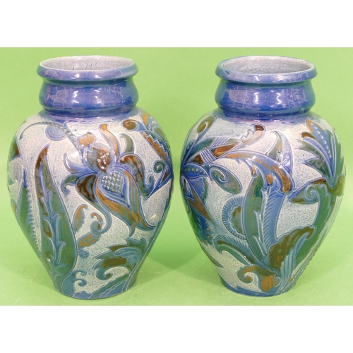 126 - A Pair of CH Barannam Barum, Glazed Pottery Round Bulbous Thin Necked Vases by Frederick Braddon, on... 