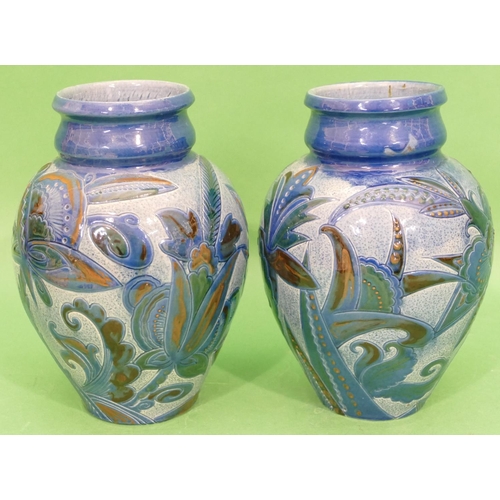 126 - A Pair of CH Barannam Barum, Glazed Pottery Round Bulbous Thin Necked Vases by Frederick Braddon, on... 