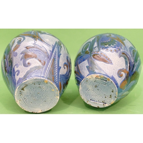 126 - A Pair of CH Barannam Barum, Glazed Pottery Round Bulbous Thin Necked Vases by Frederick Braddon, on... 