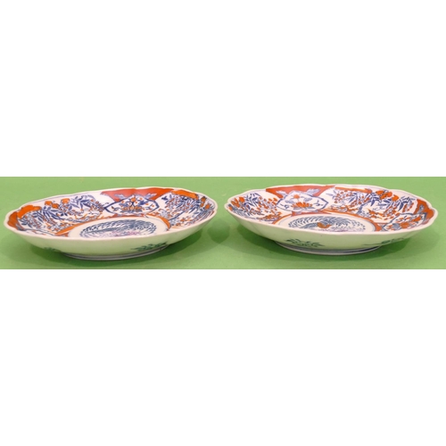 127 - A Pair of Imari Round Scallop Shaped Plates on white, red and blue ground with bird, floral and leaf... 