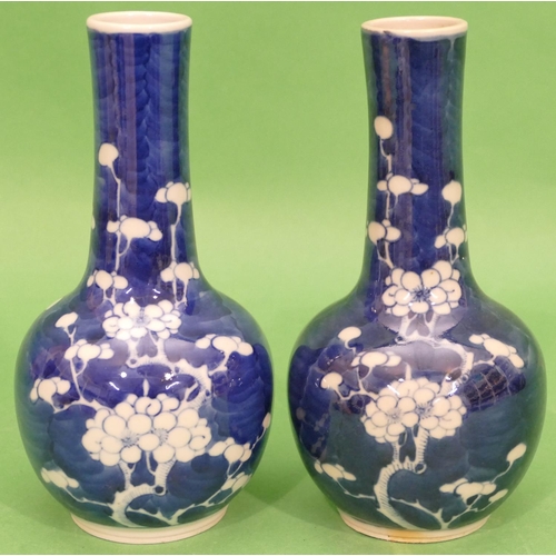 129 - A Pair of 19th Century Chinese Round Bulbous Thin Necked Vases on blue and white ground with blossom... 