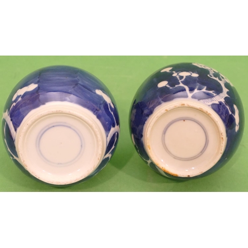 129 - A Pair of 19th Century Chinese Round Bulbous Thin Necked Vases on blue and white ground with blossom... 