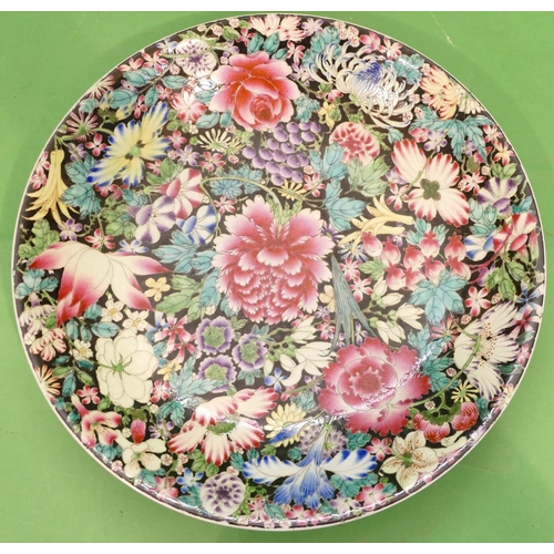 134 - A Modern Oriental Round Charger on black ground with multicoloured, floral and leaf decoration, 33.5... 