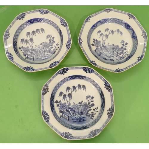 143 - A Set of 3 x 18th Century Chinese Blue and White Octagonal Shaped Plates having garden, fence and tr... 