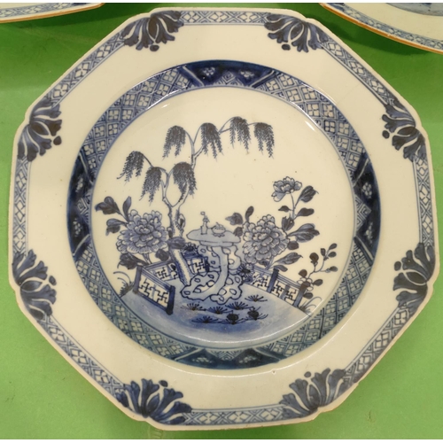 143 - A Set of 3 x 18th Century Chinese Blue and White Octagonal Shaped Plates having garden, fence and tr... 